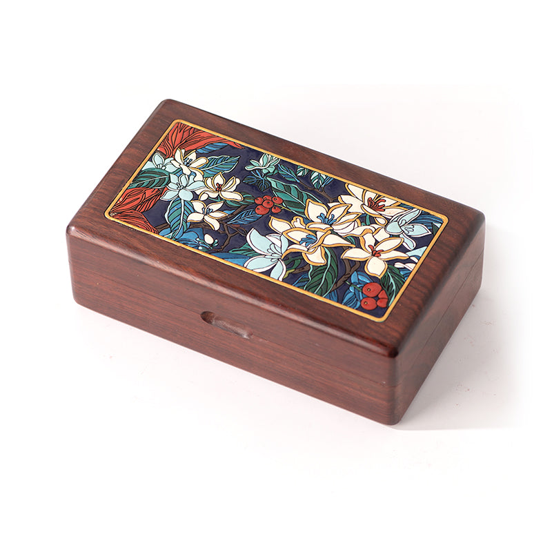 Blossoms Wooden Jewelry Box Flowers Hand Drawn Earrings Ring Box