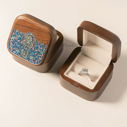 Wooden Engagement Wedding Ring Box Elegant Floral Pattern