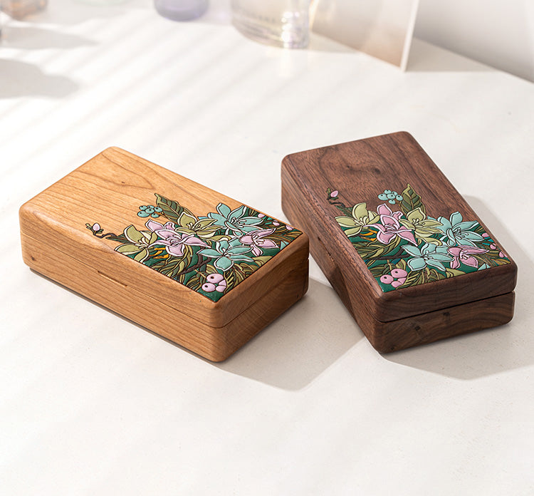 Gardenia Jewelry Box Portable Solid Wood Hand Drawn