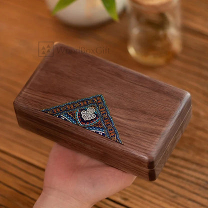 Folk Pattern Wooden Jewelry Box Hand Drawn Vintage Design Box