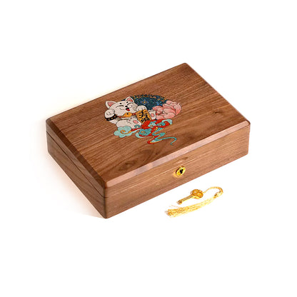 Lucky Cat Wooden Jewelry Box Solid Wood Hand Painted Necklace Ring Box