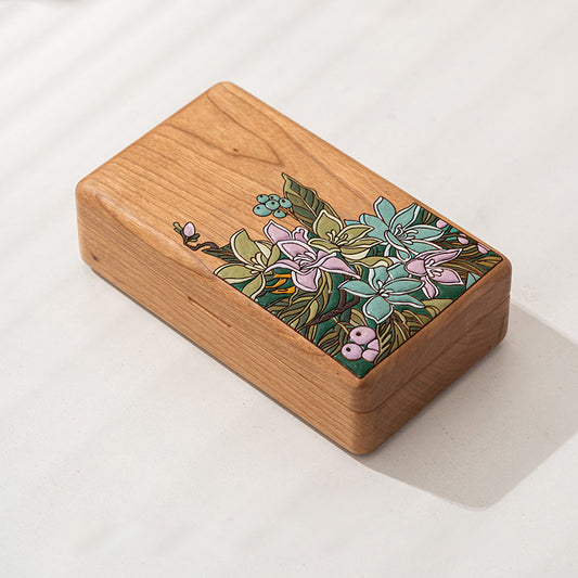 Gardenia Jewelry Box Portable Solid Wood Hand Drawn