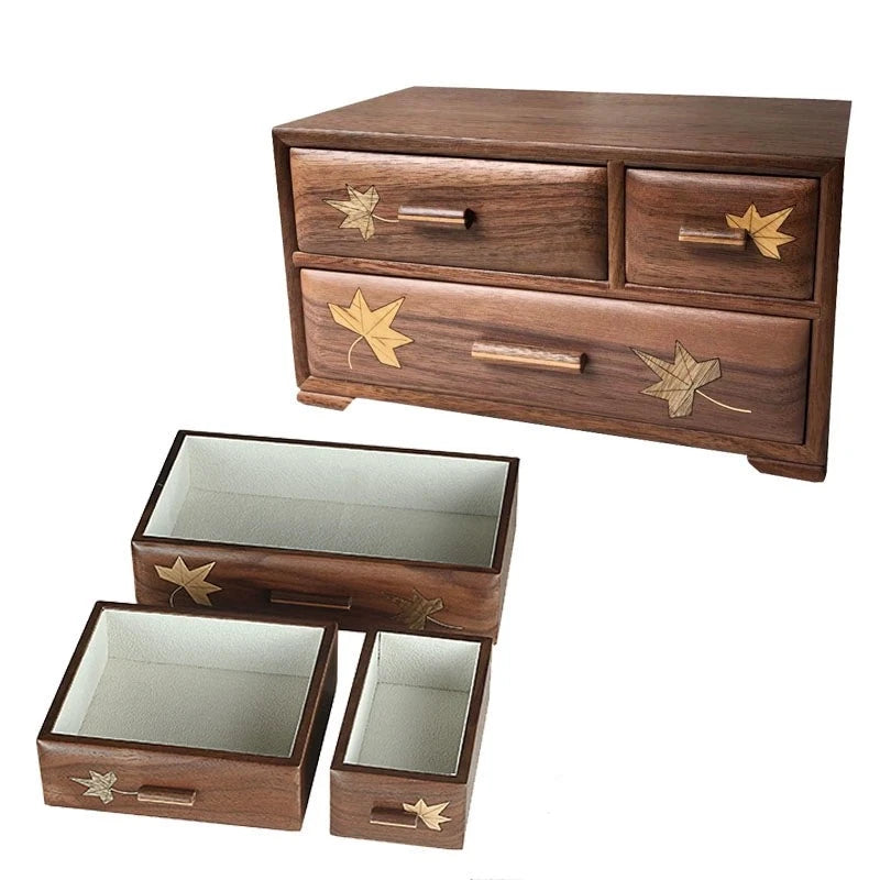 Maple Leaves Wooden Box Handcrafted Armoire Marquetry Organizer