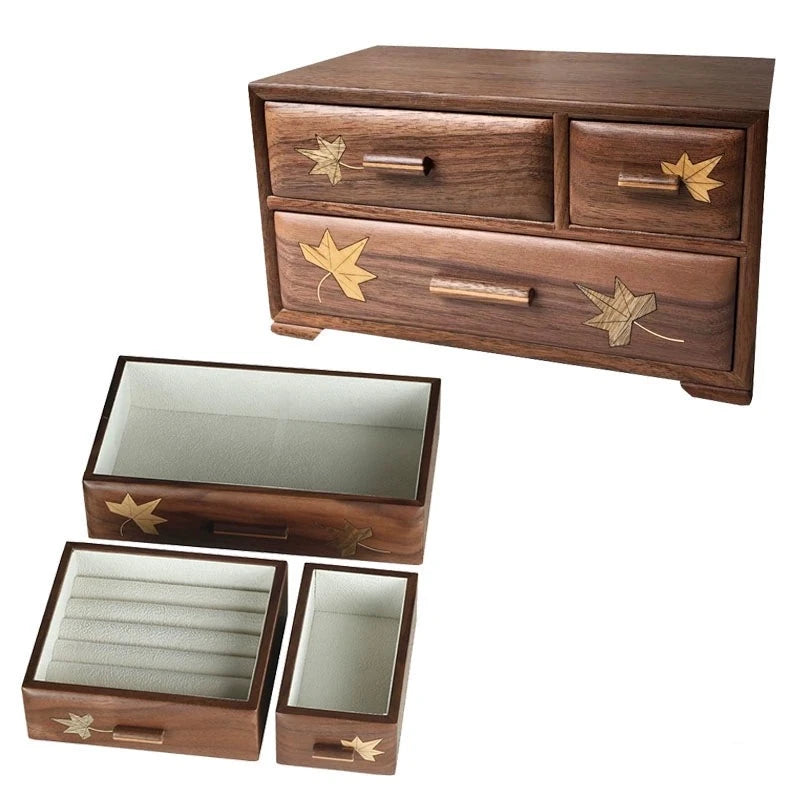 Maple Leaves Wooden Box Handcrafted Armoire Marquetry Organizer