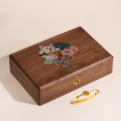 Lucky Cat Wooden Jewelry Box Solid Wood Hand Painted Necklace Ring Box