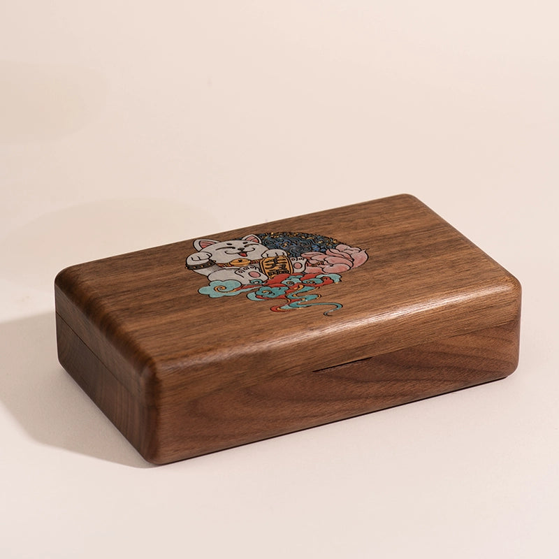 Lucky Cat Wooden Jewelry Box Solid Wood Hand Painted Necklace Ring Box