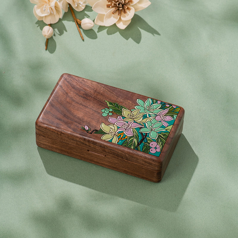 Gardenia Jewelry Box Portable Solid Wood Hand Drawn